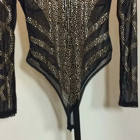 Sexy Sheer Black Mesh Bodysuit – Gold Rhinestone Embellished, Long Sleeve - Picture 3 of 8